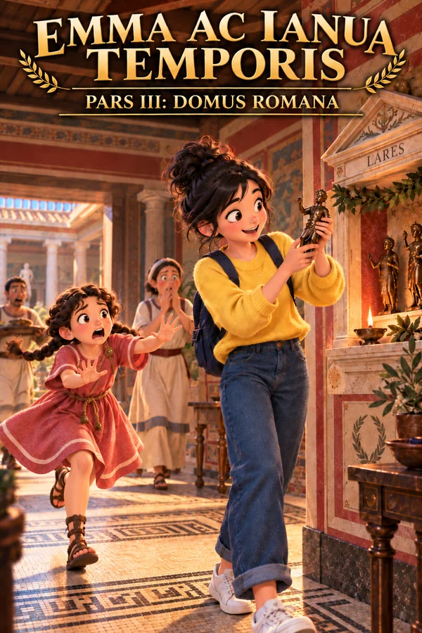Copertina di «Emma ac ianua temporis – Pars III»: Emma, con felpa gialla e zaino, prende in mano una statuetta di bronzo dal larario, l’edicola con la scritta LARES; Iulia, spaventata, corre verso di lei allungando le mani per fermarla; sullo sfondo, nell’atrio con colonne e pavimento a mosaico, una serva si porta le mani alla bocca e un servo regge un vassoio.