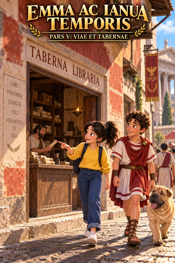 Copertina di «Emma ac ianua temporis – Pars V»: Emma, con felpa gialla e zaino, cammina con Marco (tunica bianca e mantello rosso) e il cane Theseus lungo una via lastricata; indica una bottega con la scritta TABERNA LIBRARIA, dove un libraio mostra un rotolo; sull’insegna laterale LIBRI, VOLUMINA, CHARTAE, STILI, ATRAMENTA ET ALIA; sul muro, dipinto in rosso, il saluto SALVE LVCRVM; sullo sfondo uno stendardo SPQR e un tempio.