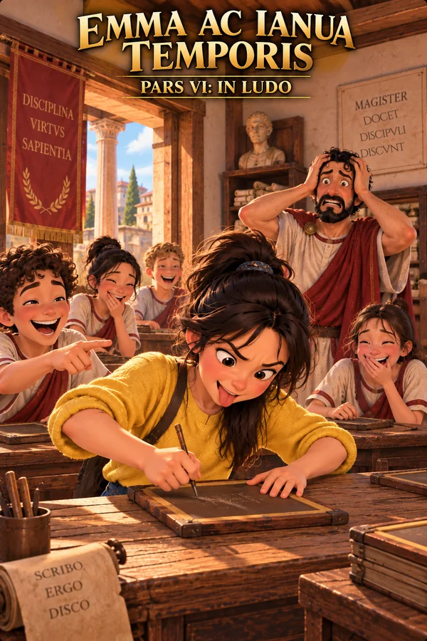 Copertina di «Emma ac ianua temporis – Pars VI»: Emma, con felpa gialla, china sul banco con la lingua fuori, incide con lo stilo una tavoletta di cera; i compagni romani ridono e uno la indica; dietro, il maestro si mette le mani nei capelli; alle pareti uno stendardo rosso con DISCIPLINA VIRTVS SAPIENTIA e una targa con MAGISTER DOCET DISCIPVLI DISCVNT, su uno scaffale un busto; sul banco, in primo piano, un rotolo con SCRIBO ERGO DISCO.