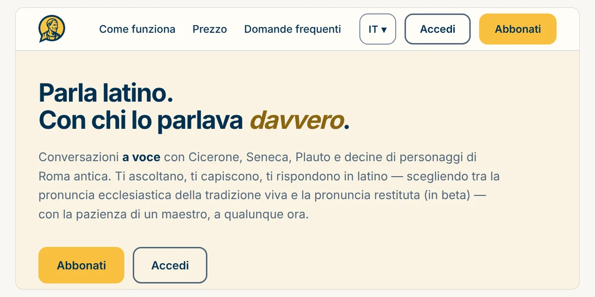 La pagina iniziale di Sermocinando: «Parla latino. Con chi lo parlava davvero», conversazioni a voce con Cicerone, Seneca, Plauto e decine di personaggi di Roma antica